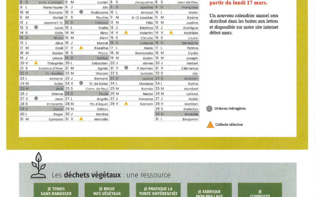 Calendrier Collecte des déchets 2025